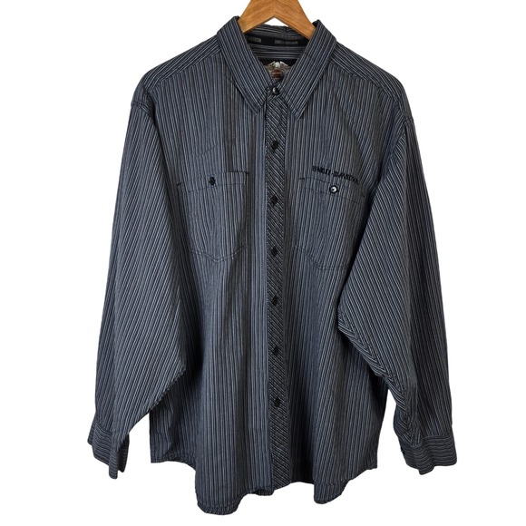 Harley Davidson Mens 2XL Button Up Long Sleeve Striped Shirt Biker Rocker - Picture 1 of 7